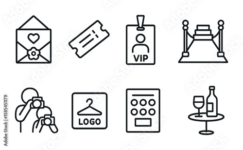 Fashion Event Essentials. Outline icon set of fashion event essentials: invitations, tickets, VIP badge, red