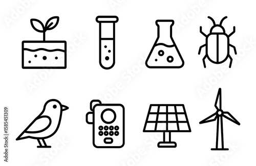 Environmental Research Icons. Outline icon set of environmental research: soil sample, test tube, lab flask,