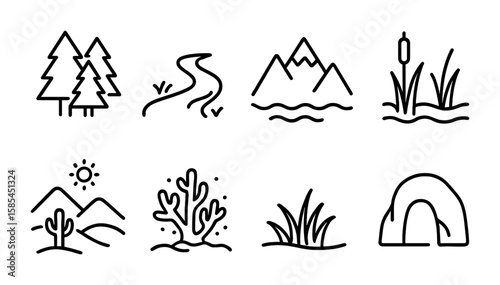 Ecosystem Icon Outline. Outline icon set of ecosystem components: forest, river, mountain, wetland, desert,