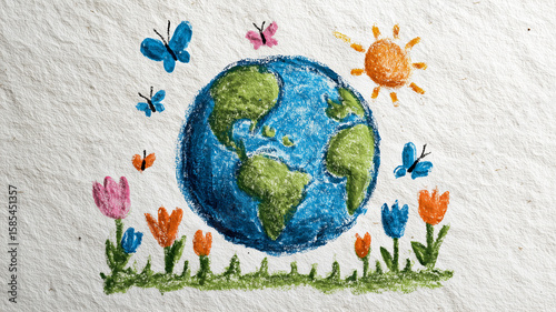 earth, sun, butterflies, flowers, crayon drawing clip art preview