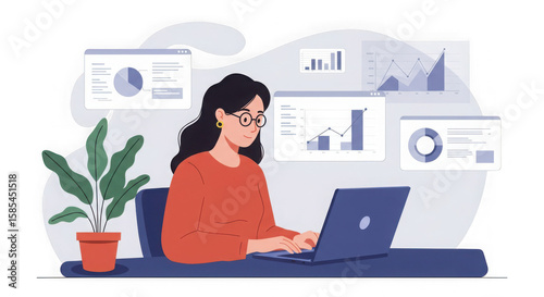 Woman working on laptop with data charts and plant in a modern office setting on transparent background