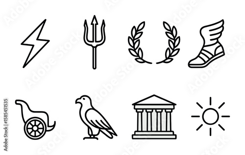 Mythical Gods Icon Set. Outline icon set of mythical gods: thunderbolt, trident, winged sandals, laurel wreath