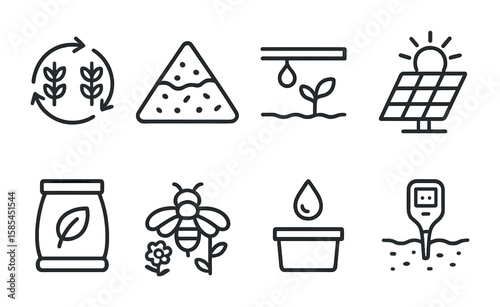 Sustainable Farming Icons. Outline icon set of sustainable farming practices: crop rotation, compost heap,