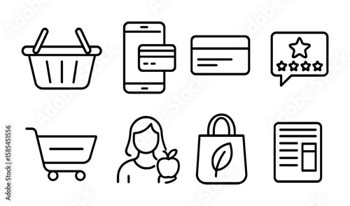 Organic Market Icons. Outline icon set of consumer behavior in organic markets: shopping basket, mobile