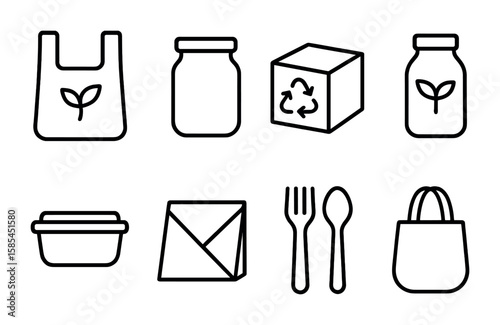 Eco Packaging Icons. Outline icon set of eco-friendly packaging: biodegradable bags, glass jars, recycled