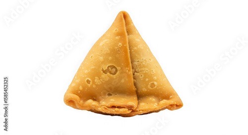 Close up of a single samosa with golden brown crust on a transparent background