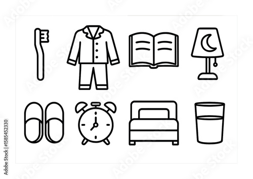 Bedtime Routine Icons. Outline icon set of bedtime routine: toothbrush, pajamas, reading book, night light,
