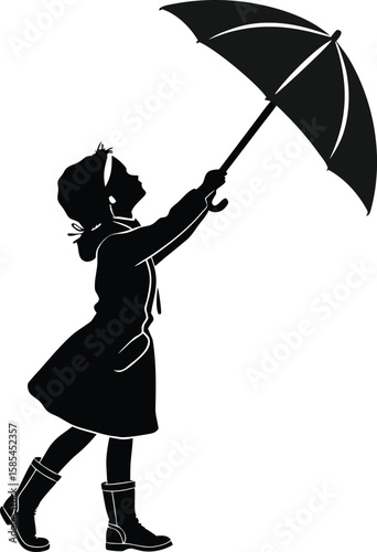 Silhouette of a girl and woman holding umbrellas walking in the rain vector illustration