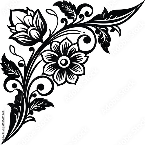 Fine Engraved Ornamental Corner Flower with Vines