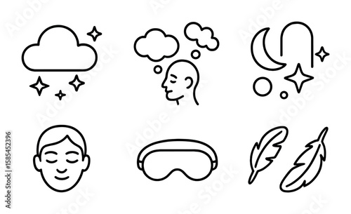 Dream Symbol Icons. Outline icon set of dreaming: dream cloud, stars, floating thoughts, imagination, surreal
