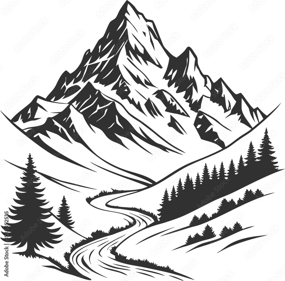 Fototapeta premium Mountain landscape vector with snowy trees and winter holiday illustration design