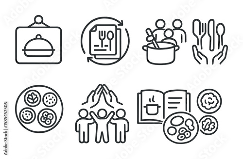 Community Meals Icon Set. Outline icon set of community meals: potluck sign, recipe exchange, group cooking,