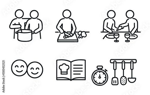 Cooking Icon Set. Outline icon set of cooking together: stirring pot, chopping vegetables, setting table,