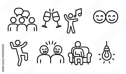 Socializing Icon Set. Outline icon set of casual socializing: chatting group, clinking glasses, party music,