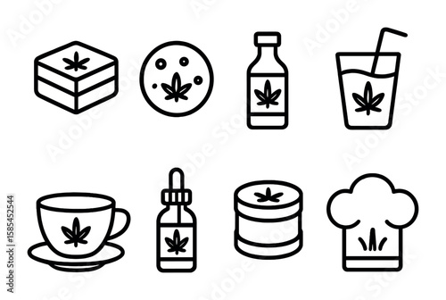 Cannabis Recipe Icons. Outline icon set of cannabis-infused recipes: brownies, cookies, salad dressing,