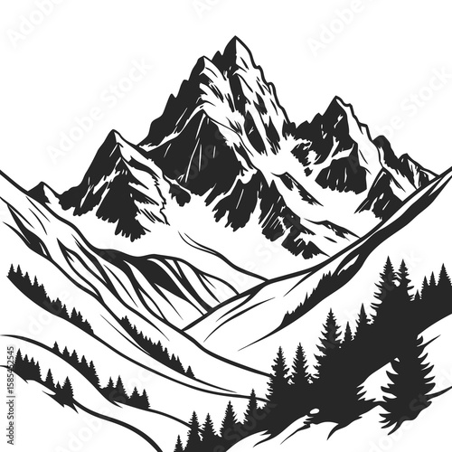 Mountain landscape vector illustration with snowy trees winter forest and blue sky background