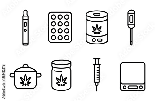 Cannabis Culinary Tool Icons. Outline icon set of cannabis culinary tools: vape pen, silicone mold,