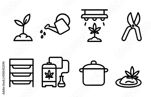 Cannabis Cultivation Icons. Outline icon set of cannabis cultivation to kitchen: seedling, watering can, grow