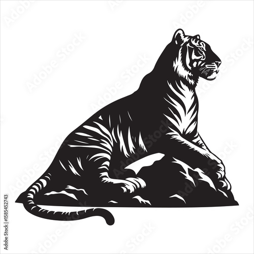 siting tiger face Silhouette Vector Art, and Graphic, vector black color silhouette , solated white background