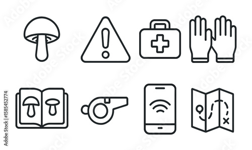 Foraging Safety Icons. Outline icon set of safety in foraging: poisonous mushroom, warning sign, first aid kit