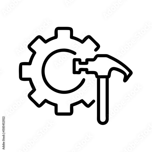 Hammer against a gear in simple outline style for mechanical and industrial concepts
