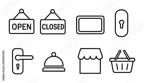 Customer Entry Icons. Outline icon set of customer entry signs: open light, closed light, welcome mat, door