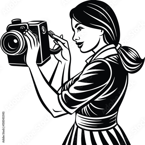 Woman with a Camera Captures Moments in White Background Silhouette