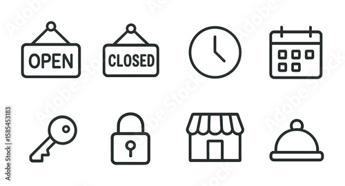 Business Hours Icons. Outline icon set of business hours display: open board, closed board, clock, calendar,