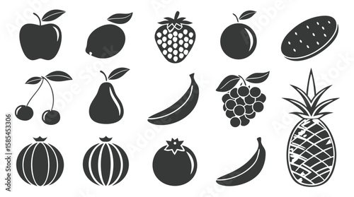 Set of Fruit Silhouettes – 12 Black Vector Icons of Common Fruits
