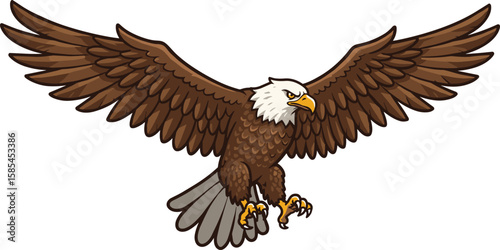 Cartoon bald eagle flying, fierce bird of prey illustration, majestic wings spread, predator raptor art, wildlife vector drawing, sky hunter