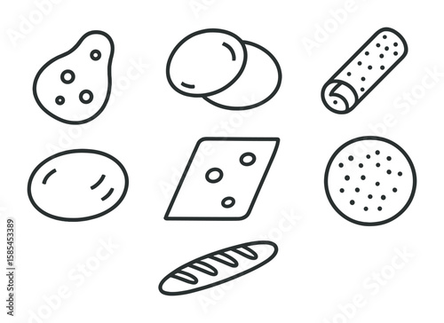 Ethnic Bread Icons. Outline icon set of Ethnic bread types: naan, pita, focaccia, injera, tortilla, lavash,