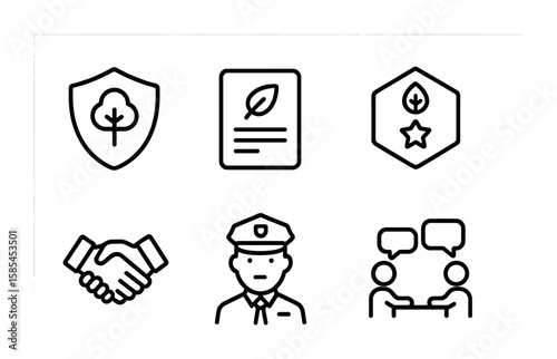 Environmental Icons Set. Outline icon set of Environmental laws and policies: protected area, legal document,