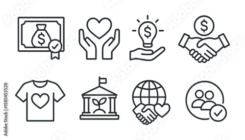 Sustainable Funding Icons. Outline icon set of Sustainable funding sources: grants, donations, crowdfunding,
