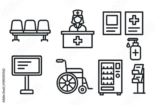 Hospital Icon Set. Outline icon set of hospital waiting area: patient seats, nurse station, informational