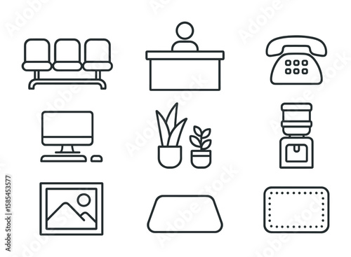 Office Essentials Icons. Outline icon set of office waiting room: visitor chairs, receptionist desk, computer,