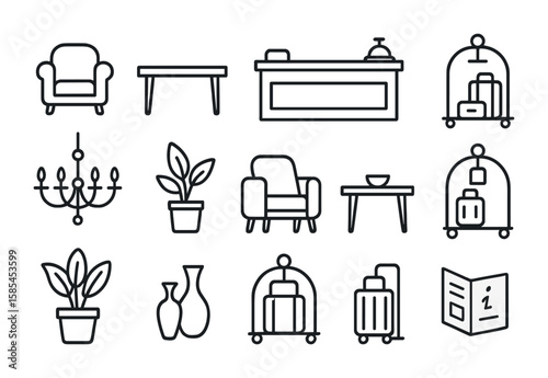 Hotel Lobby Icons. Outline icon set of hotel lobby seating: armchairs, coffee tables, reception desk, luggage