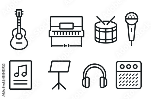Home Music Icons. Outline icon set of Musical instruments at home: guitar, piano, drum, microphone, sheet