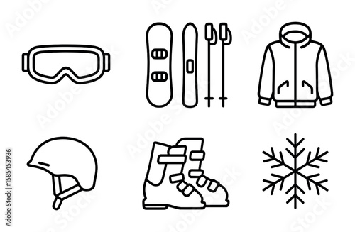 Winter Sports Icons. Outline icon set of Skiing or snowboarding in winter sports: ski goggles, snowboard, skis