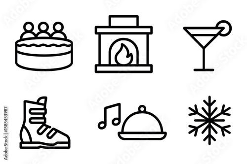 Après-Ski Icon Set. Outline icon set of Après-ski activities: hot tub, fireplace, cocktail glass, lounge chair