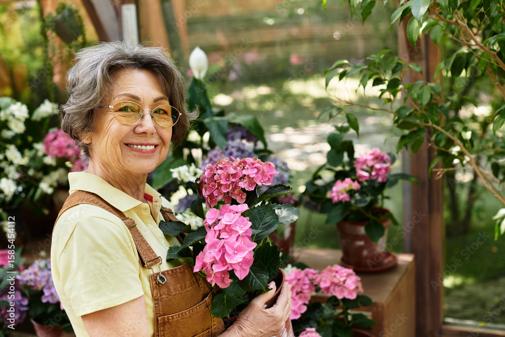Fototapeta premium Joyful senior woman caring for vibrant flowers in a sunlit garden surrounded by blossoms