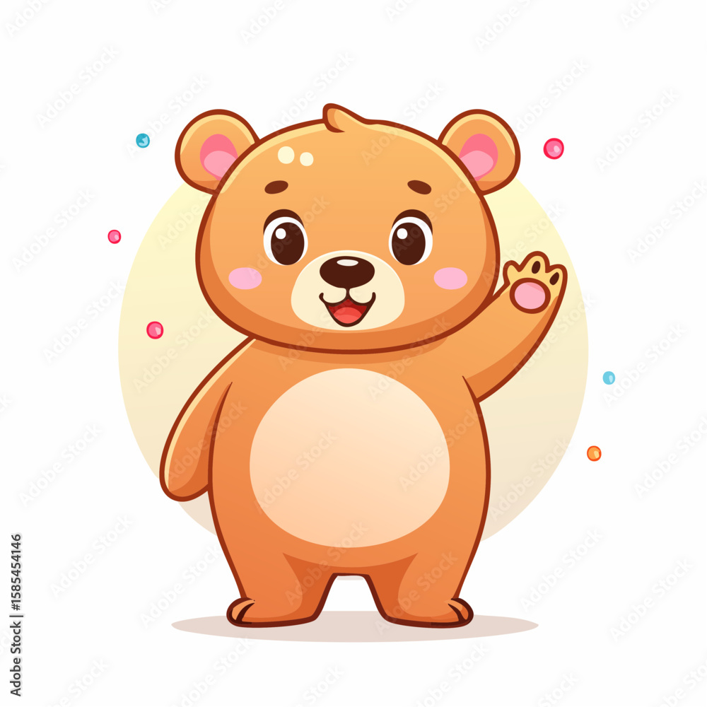 Obraz premium Adorable brown bear cub waving hello, cheerful cartoon illustration.