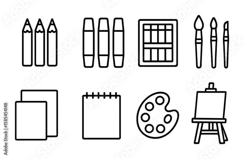 Art Supplies Icons. Outline icon set of Art supplies for beginners: colored pencils, markers, pastels, brushes