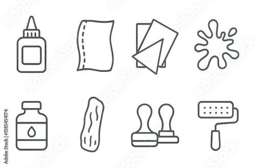 Mixed Media Icon Set. Outline icon set of Mixed media art techniques: glue, fabric, paper cutouts, paint