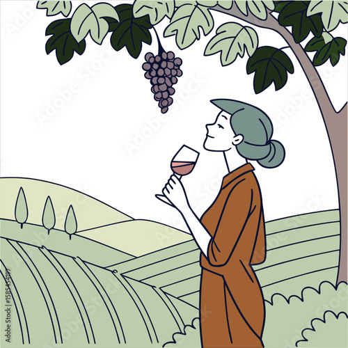 Wine Tasting Woman Vineyard Line Art