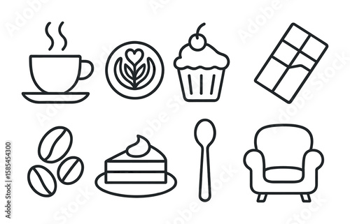 Coffee and Dessert Icons. Outline icon set of coffee and dessert night: coffee cup, latte art, cupcake,