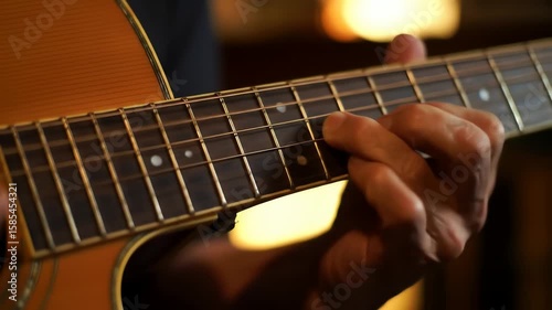 Close up of a musician's hands expertly playing chords on a classic acoustic guitar fretboard