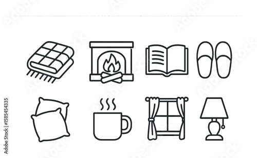 Cozy Home Icons. Outline icon set of cozy home ambiance: warm blanket, fireplace, book, slippers, cushions,