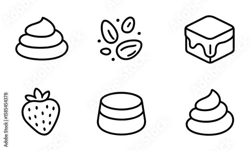 Dessert Texture Icons. Outline icon set of dessert textures: smooth frosting, crunchy nuts, soft sponge, gooey