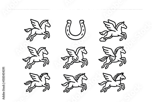 Flying Horse Icons. Outline icon set of flying horses: Pegasus, wings spread, horseshoe, cloud trail,