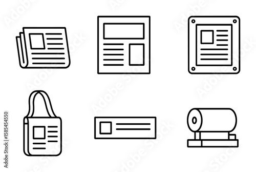 Newspaper Production Icons. Outline icon set of newspaper production: newspaper stack, headline box, article